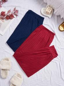 SHEIN 2条装加大码女式舒适罗纹针织保暖休闲家居裤，秋冬季 - 彩色 - 查看 2