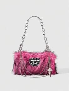 ROMWE Goth 1 Cute Button Plush Bag Handbag Autumn And Winter Niche Shoulder Armpit Bag Casual Handbag (Need To DIY, Including Material Package)