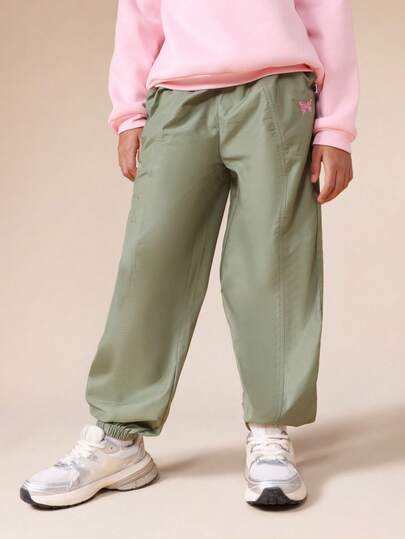  SUMWON Girls Seam Detail Wide Leg Elastic Waist Jogger Pants With Pink Embroidered Logo Casual Sweatpants For Everyday Comfort Vacation