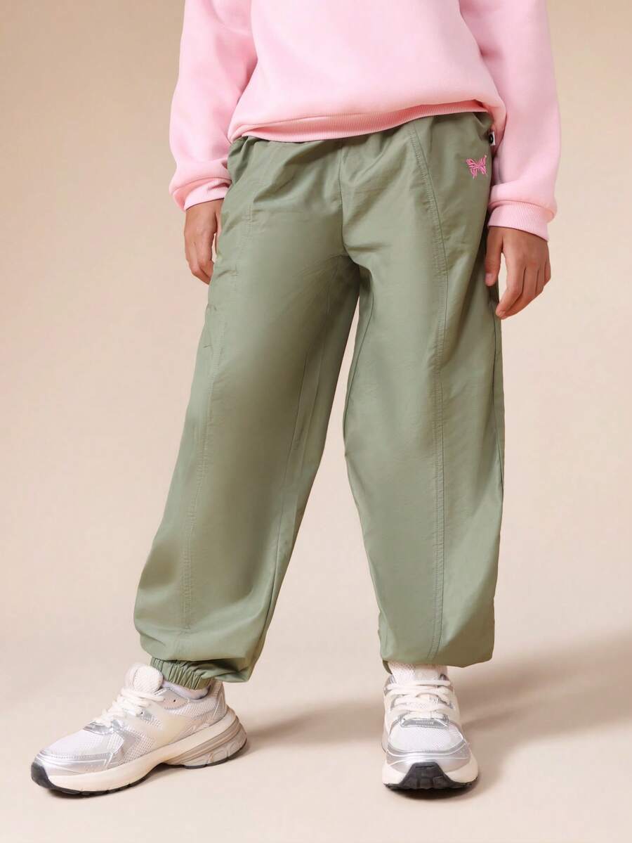 SUMWON Girls Seam Detail Wide Leg Elastic Waist Jogger Pants With Pink Embroidered Logo Casual Sweatpants For Everyday Comfort Vacation - Army Green - View 1