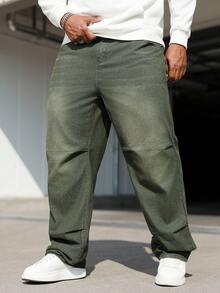 Manfinity Homme Plus Size Men's Casual Everyday Washed Slant Pocket Straight Leg Jeans Men S Loose Straight Leg Casual Pants - Army Green - View 7