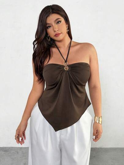 Firerie Plus Size Women's Y2K Solid Color Metal Decor Ruched Halter Neck Camisole