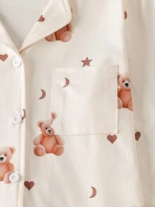 女童杏色小熊图案阻燃睡衣套装（长裤和长袖） - 杏色 - 查看 4