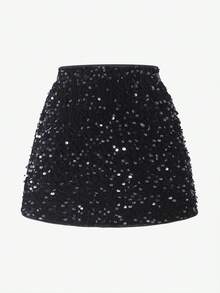 Rok Mini Warna Polos dengan Hiasan Payet, Cocok untuk Liburan, Anak Perempuan Muda - Hitam - View 2