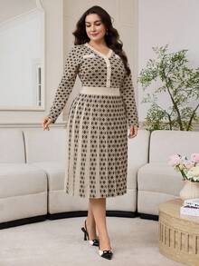 Modelyn 大码优雅几何图案针织连衣裙，秋冬款 - 咖啡棕 - 查看 5