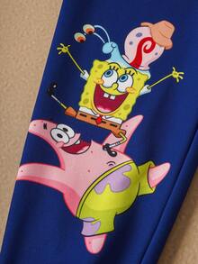 SpongeBob SquarePants | SHEIN 2件套男童休闲可爱卡通图案撞色棒球外套和运动裤套装，秋冬季 - 藍色 - 查看 5