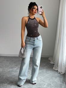 Elenzga Women's Sexy Backless Halter Rhinestone Bodysuit - Coffee Brown - View 4
