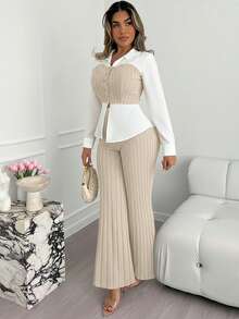 Xyvia 杏色和白色奢华通勤高端成熟智慧女士长袖上衣和阔腿裤两件套，AB面料拼接衬衫领翻领修身腰部上衣，罗纹阔腿裤，适合办公室、校园、商务、旅行、秋冬春季休闲穿着。 - 卡其色 - 查看 8