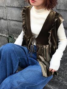 FRIFUL 女士丝绒吊带背心，多层荷叶边装饰，前襟系蝴蝶结 - 深灰色 - 查看 6