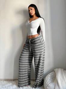 SHEIN SXY Plus Size Women's Comfortable Casual Simple Low-Waisted Drawstring Gray Wide-Leg Striped Pants Comfortable Home Pants - Grey - View 4