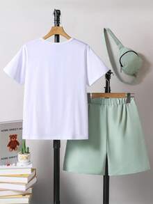 3pcs Boys Cute Bear Print T-Shirt, Cargo Shorts & Mini Sling Bag Set, Spring/Summer - Mint Green - View 2