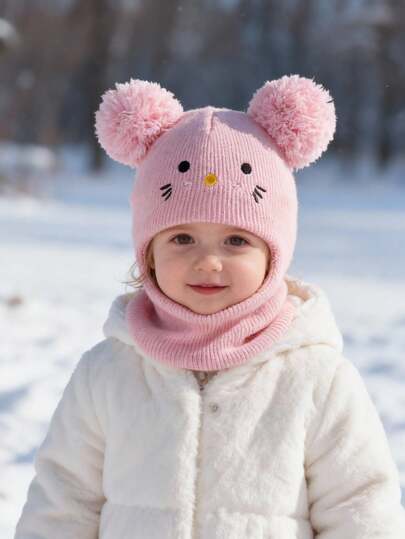 Cozy Pixies 1 Pc Balaclava Pom-Pom Black Newborn Balaclava Ski Mask Toddler Beanie Double Balls Baby Girls Boys Beanies Kids Winter Warm Hats Children Knit Beanies