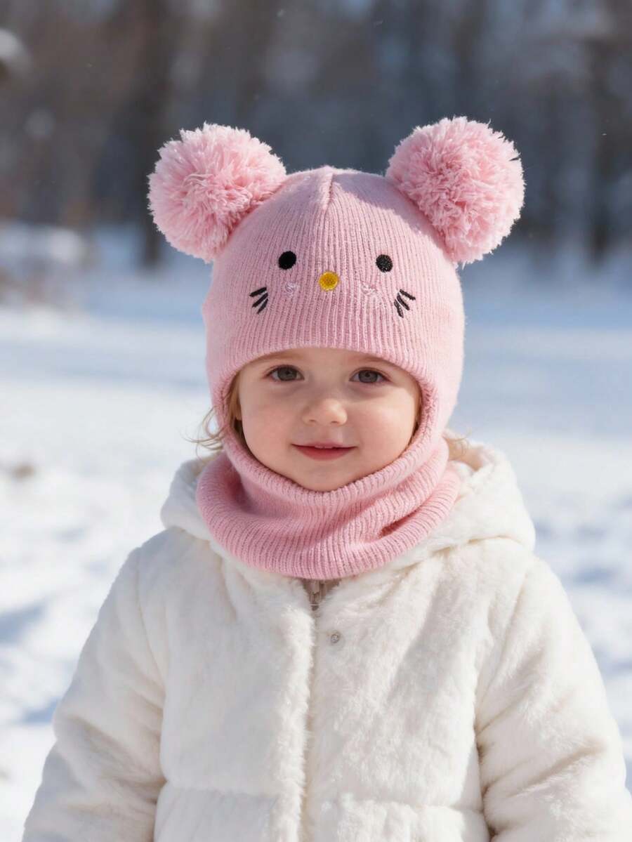 Cozy Pixies 1个黑色带绒球的拉法帽，新生儿滑雪面罩，幼儿针织帽，双球设计，男女宝宝通用，儿童冬季保暖帽，儿童针织帽 - 粉色 - 查看 1