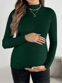 SHEIN Maternity Solid Color Stand Collar Fitted Stylish Long Sleeve Sweater - Dark Green - View 4