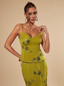 Silquee Camiseta de tirantes elegante con flores de lentejuelas para mujer - Verde - Ver 7