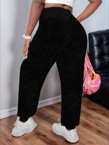 Flirla Plus Size Letter Print Drawstring Jogger Sweatpants For Women,Black And White,Autumn,Grunge,Gym,Winter Back To School Outfits,Teacher Fall Clothes - Black - View 2