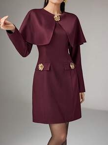 Heiryn 女士纯色金属花朵装饰优雅长袖迷你连衣裙