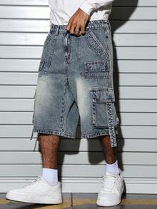 Manfinity EMRG Vintage Washed Loose Cargo Pants With Multiple Pockets, Versatile And Men's Denim Cargo Jorts - Medium Wash - View 6