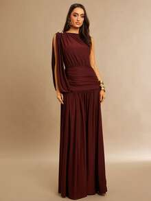 Silquee Burgundy Elegant Summer Dining Dress,Metallic-Embellished A-Line Stretch Knit Pleated Maxi,Draped Sleeve Flowing Gown For Party Bridesmaid Valentine - Coffee - View 3