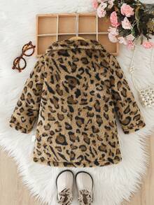 SHEIN Playful Pals 女婴豹纹仿毛皮外套，保暖加厚长款抓绒外套，适合日常穿着，也适合外出，秋冬季穿着。 - 棕色 - 查看 2