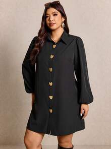 Elaquor 大码休闲通勤简约条纹金属扣宽松短款连衣裙（女款） - 黑色 - 查看 5