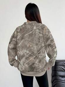 INAWLY Hanorac pentru femei, mărimi mari/Bluză sport, casual, cu guler rotund, cu fermoar pe jumătate/Imprimeu cu frunze pe toată suprafața/Imprimeu digital/Bluză sport foarte lejeră pentru femei, mărimi mari/Stil de toamnă/iarnă