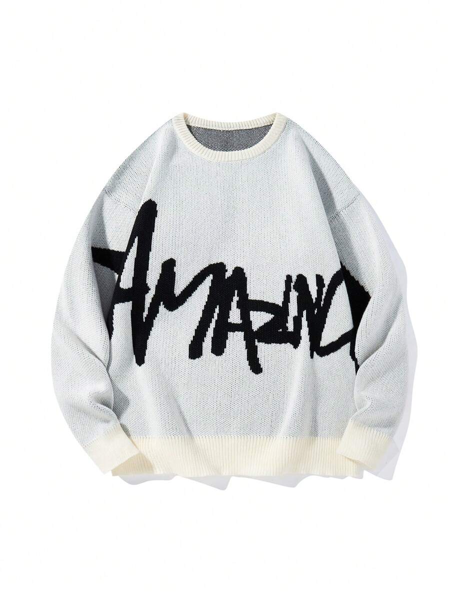 Chillumni Men's Letter Pattern Round Neck Loose Casual Knitted Sweater, Autumn/Winter, For Tennis, Y2k , Long Sleeve Top