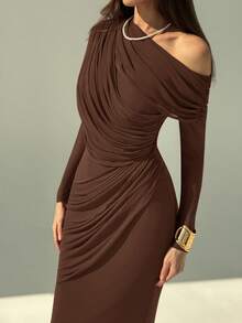 Aloruh Elegant Party One-Shoulder Pouch Long Sleeve Mesh Dress For Women Brown Elegant Dress Women Brown Sexy Dress - Coffee Brown - View 7