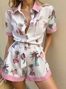 INAWLY Women's Printed Short Sleeve Jumpsuit, Regular Fit, Summer - White - View 1