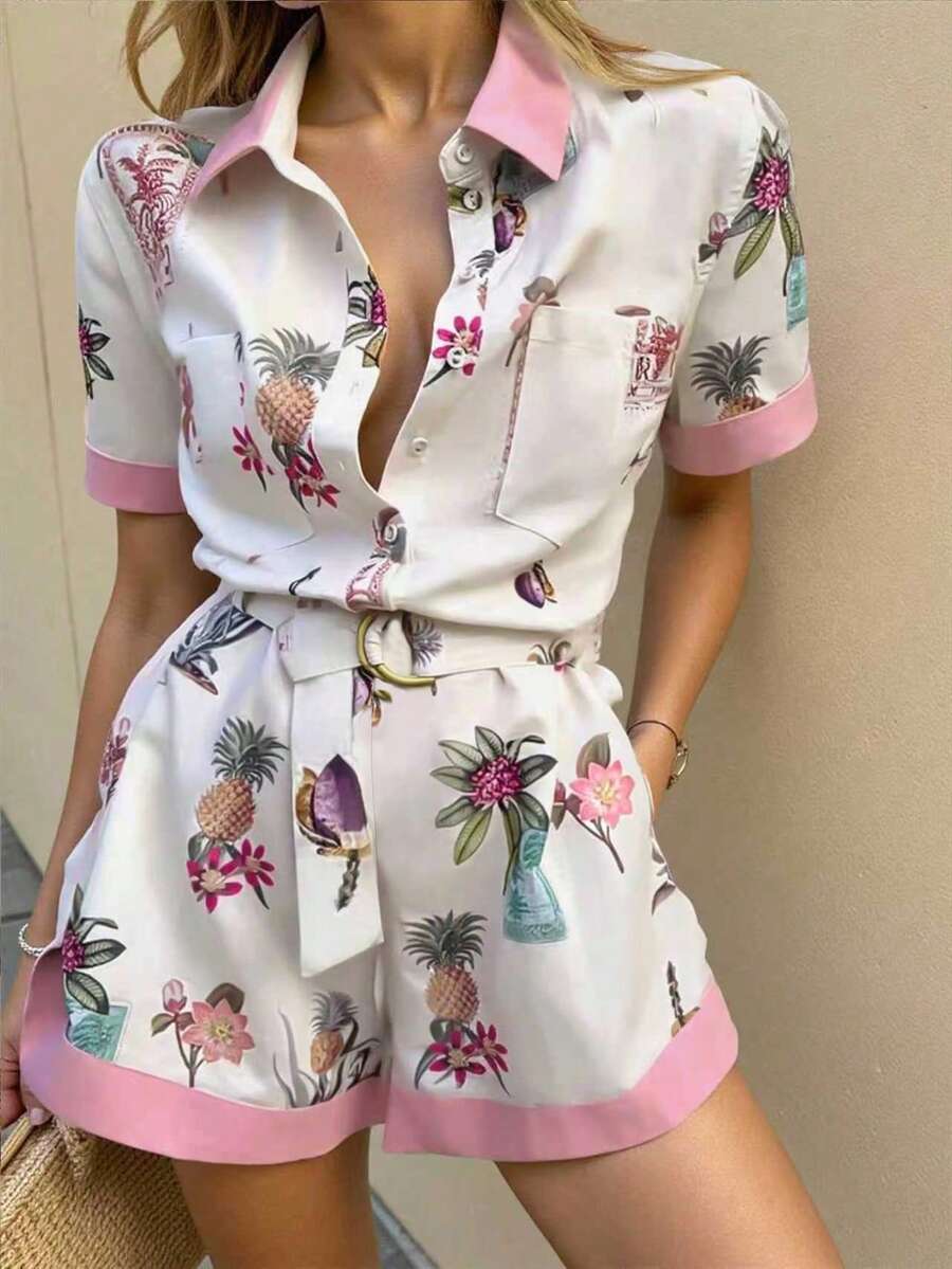 INAWLY Women's Printed Short Sleeve Jumpsuit, Regular Fit, Summer - White - View 1