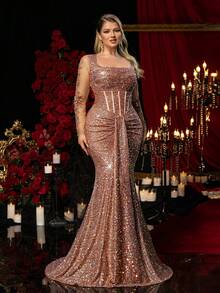 Glamrae Đầm dạ hội dáng đuôi cá sang trọng, cỡ lớn, màu sâm panh, đính sequin lấp lánh, tay dài, thêu tay tinh xảo, phù hợp cho mọi dịp trang trọng như đám cưới, tiệc tùng, lễ tốt nghiệp, dạ hội, lễ tình nhân. - Rượu sâm banh - Xem 2
