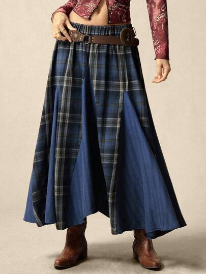 SoleilVie 休闲复古不对称拼接格子裙