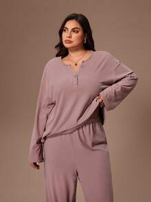 Lazeform Solid Color Knit Collar Button Decor Loose Long Sleeve & Pants Pajama Set, Plus Size - Dusty Pink - View 4