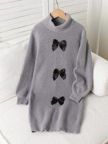 Gaun Sweater Lengan Panjang Kerah Tinggi dengan Hiasan Pita dan Blok Warna untuk Anak Perempuan Remaja - Grey - View 3