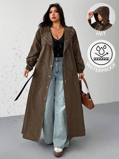 SHEIN EZwear Plus Size Hooded Water-Resistant Long Windbreaker, Autumn/Winter