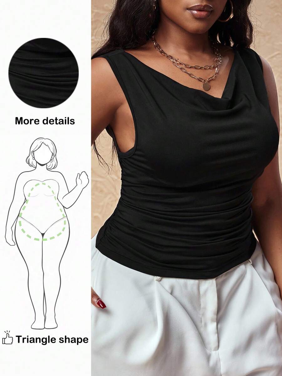 Truni Lacenleopard Plus Size Women's Casual Solid Color Ruched Draped Neck Blouse, Summer, For Pear Triangle Body Shape - Black - View 1