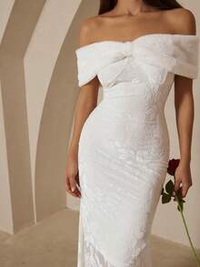 Revavyn Váy đuôi cá in họa tiết hoa hồng co giãn cao, cổ lông giả có thể tháo rời, không tay, chất liệu vải cháy nắng, thích hợp cho tiệc tối - trắng - Xem 6