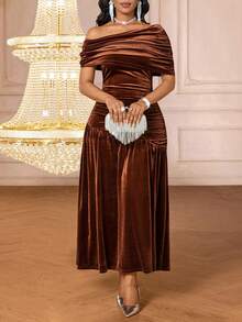 SHEIN Lady Women's Brown Knitted Fitted Asymmetrical Neck Short Sleeve Long Maxi Dress - Brown - View 4