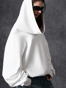 LYSMO 2025新款女士休闲纯色宽松落肩卫衣，秋季超大白色卫衣，女士连帽上衣，灰色卫衣 - 白色 - 查看 3