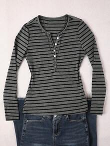 Glimmora 女式休闲纽扣半襟条纹长袖T恤