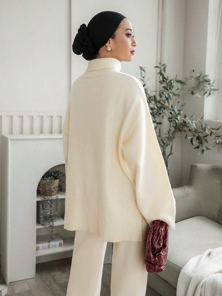 Women's Solid Color Loose High Neck Split Sweater And Straight Leg Pants Casual Elegant Thick 2 Pieces Set, Autumn/Winter