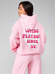 Missguided x Playboy Áo hoodie in hình trái tim cỡ lớn không dây rút tay dài thường ngày mùa đông dạo phố cho mùa thu - Hồng - Xem 4