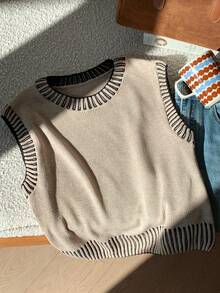 Comfortcana 女士休闲日常通勤校园风撞色滚边宽松针织背心，秋冬款 - 杏色 - 查看 5