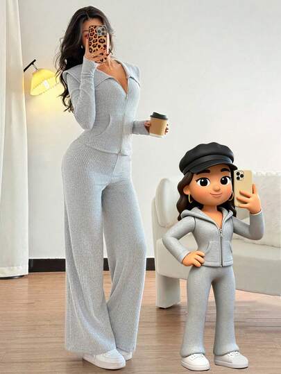 Rafferiza Women's Solid Color Collared Ribbed Knit Brushed Zip-Up Jacket And Wide Leg Pants Set