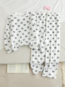 2pcs Girls Casual Butterfly Print Fleece Crew Neck Long Sleeve Top And Pants Set, Autumn/Winter