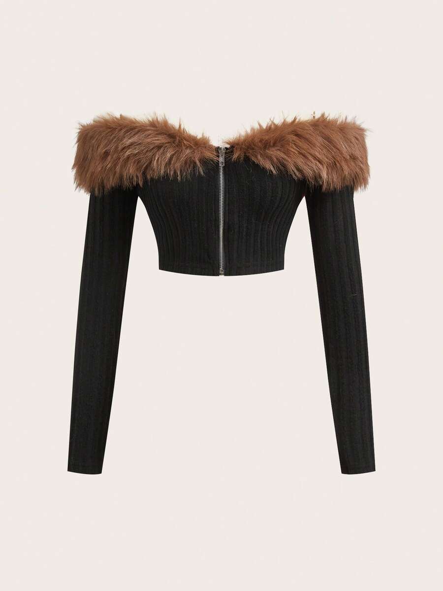 Sweetina Off Shoulder Fuzzy Trim Crop Pink Jacket In Fall/Winter,Fall,Fall Clothes For Women,Women's Winter Clothes - Black - View 1