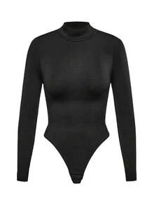 SHAPORA 无缝女士高领长袖塑身连体衣，女士基础塑身连体衣，可作外衣穿着 - 黑色 - 查看 7