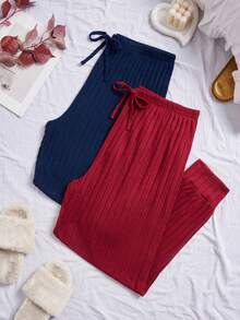 SHEIN 2条装加大码女式舒适罗纹针织保暖休闲家居裤，秋冬季 - 彩色 - 查看 3