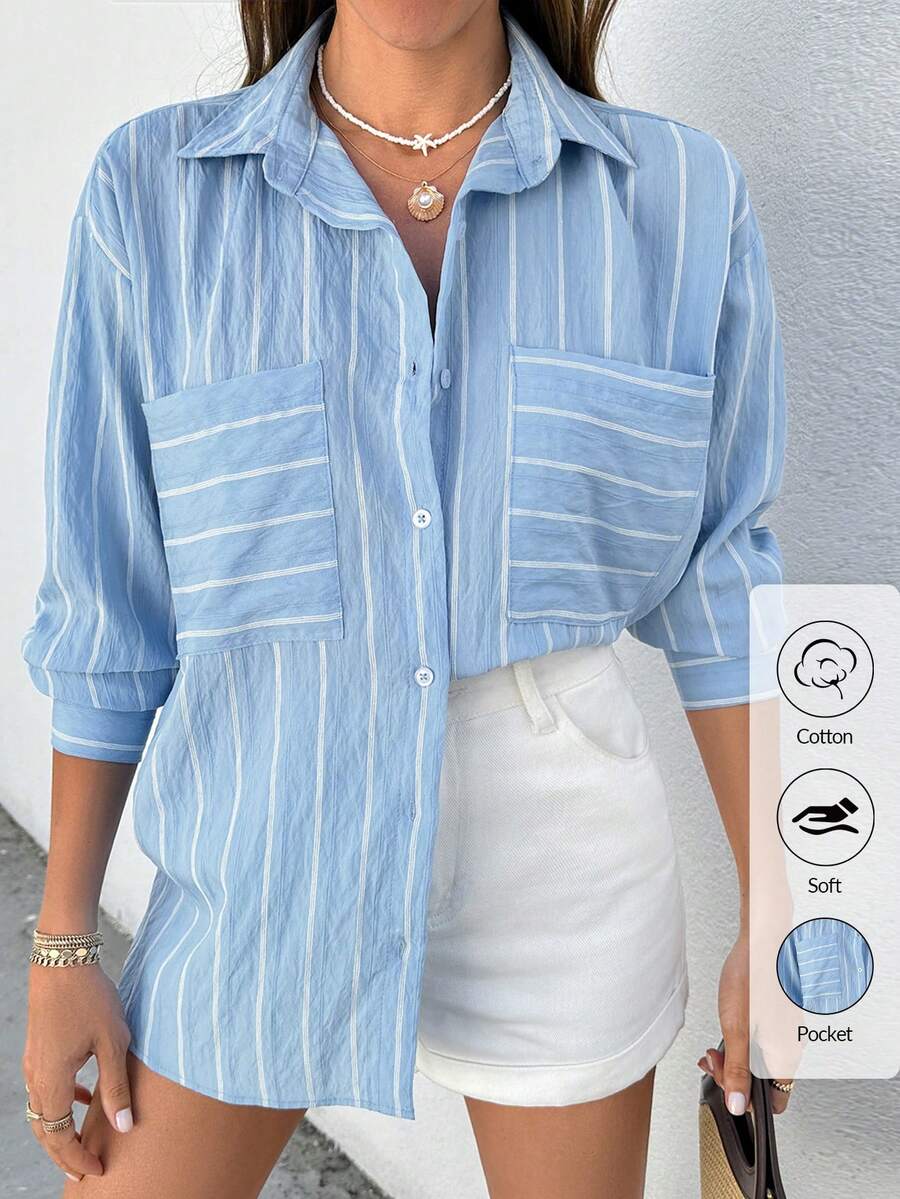 CLARA VERO Blue And White Stripe Drop Shoulder Long Sleeve Shirt Brunch Vacation Autumn Coastal Casual
