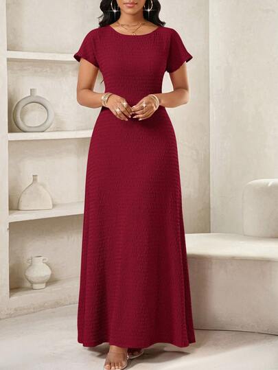 SHEIN Lady Summer High-End Niche Design Texture Fabric Knitted Jacquard Long Skirt Female Summer Waist Elegant Dress Maroon Dress Elegant Maxi Dresses For Women Burgundy Elegant Dress Burgundy Maxi Dress